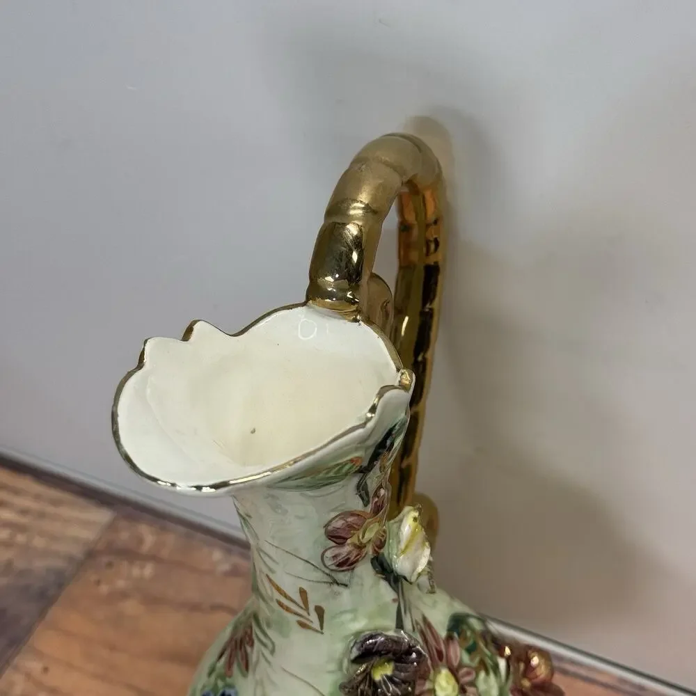 Vtg West Pac Japan‎ Porcelain Hand Painted Gold Trim Floral Relief Vase Pitcher
